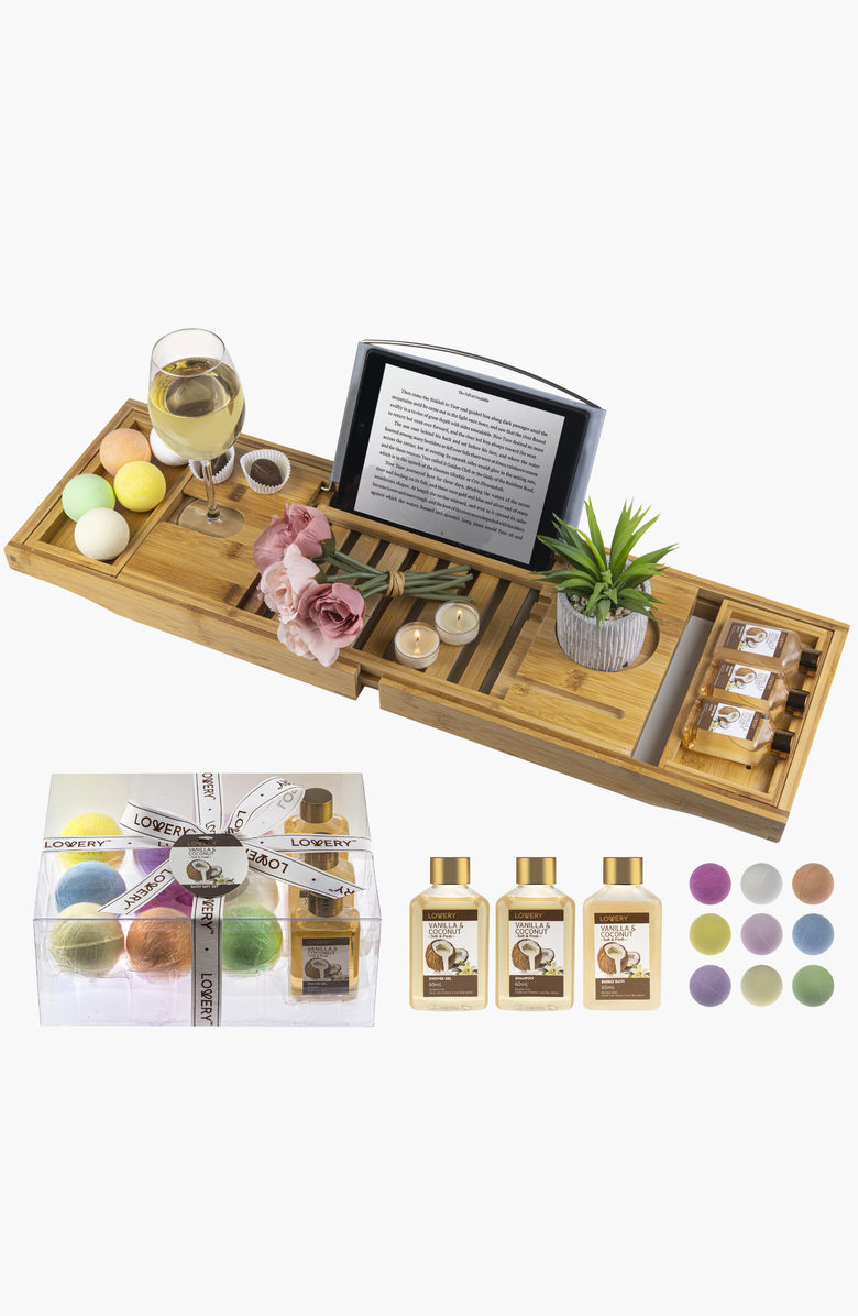 Lovery Premium Eco-Friendly Bathtub Caddy Gift Set, Main, color, Light Brown Bamboo