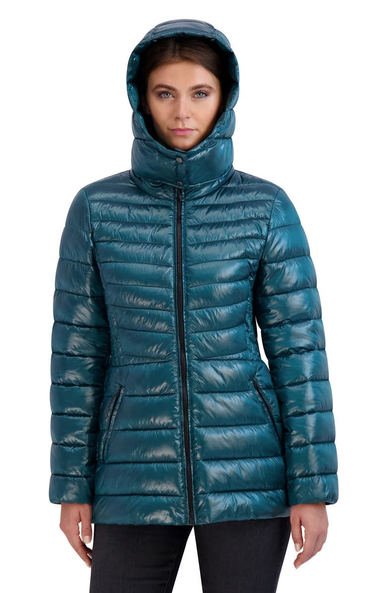 Cole Haan Pearlized Mixed Quilt Hooded Puffer Coat, Alternate, color, Emerald