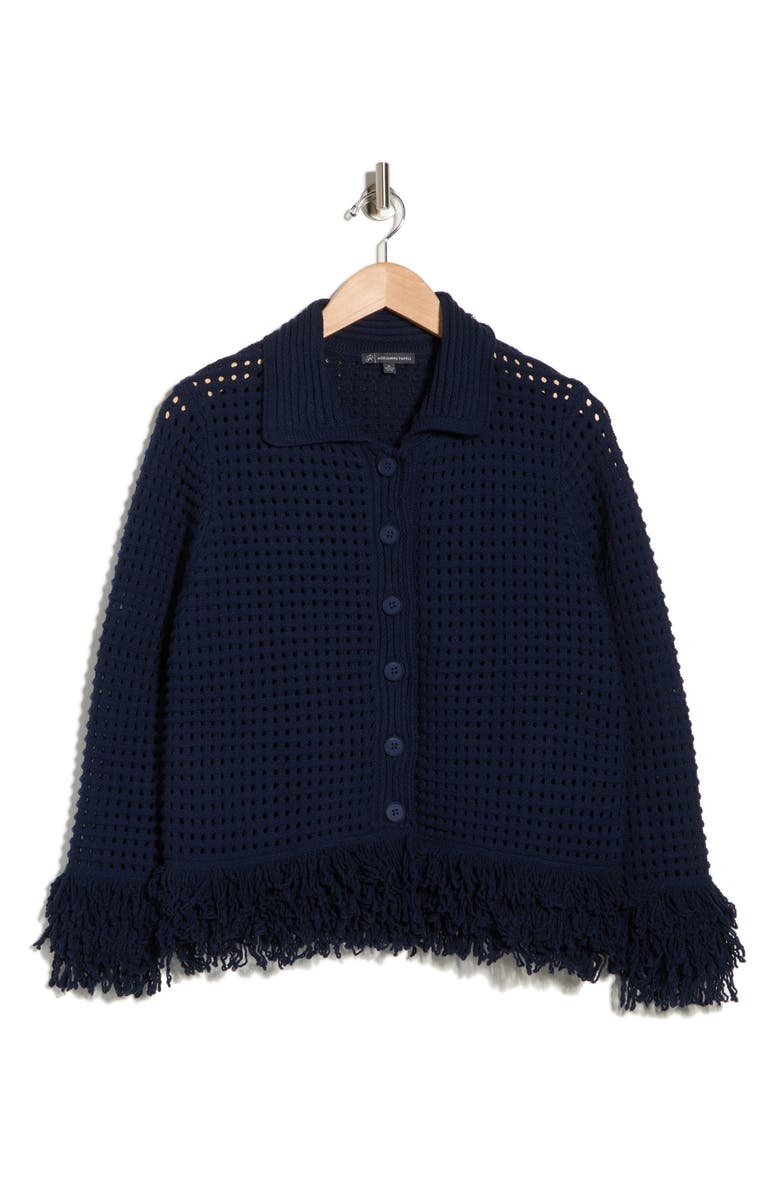 Adrianna Papell Fringe Trim Open Stitch Cardigan, Main, color, Blue Moon