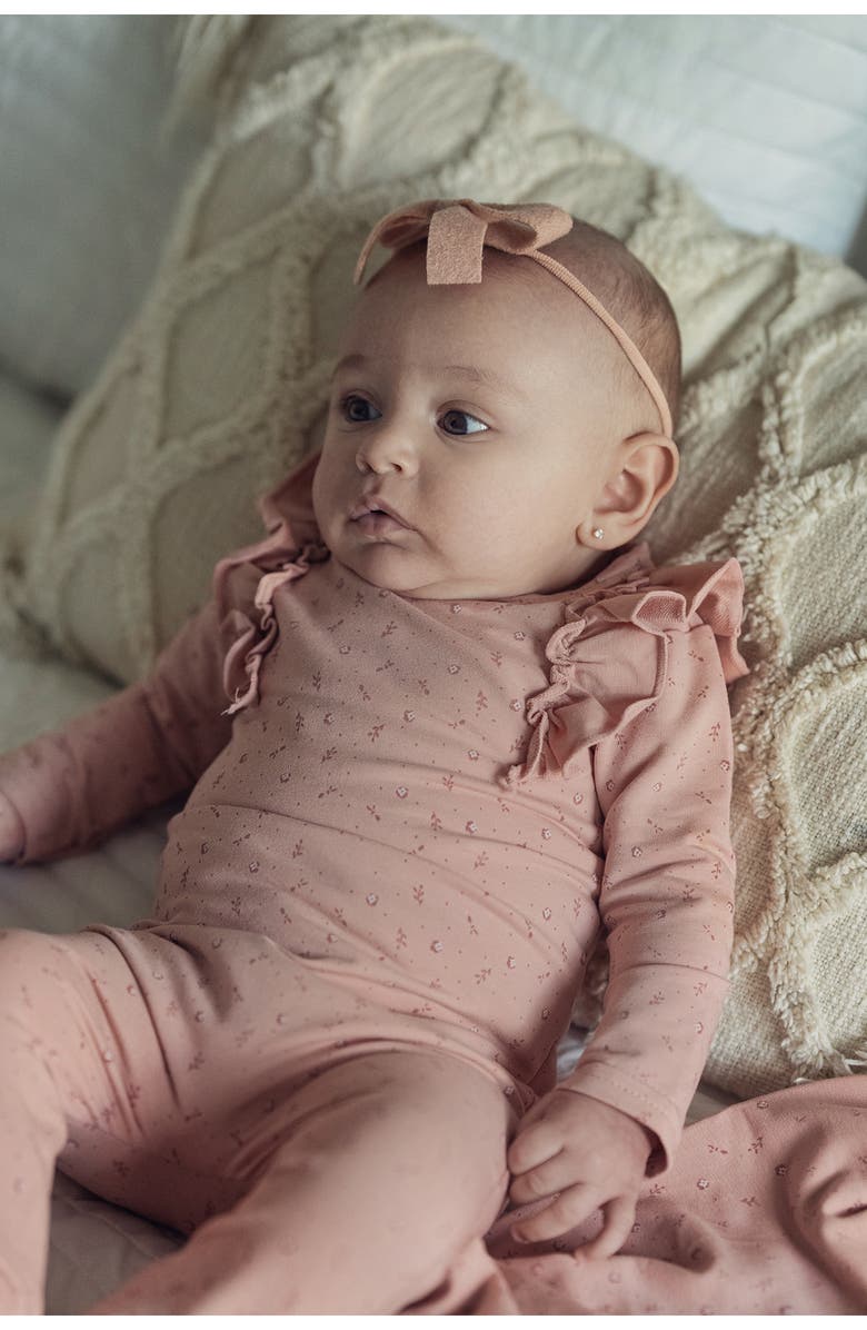 Manière Petals & Polka Dots Ruffle Accent Cotton Footie, Alternate, color, Mauve