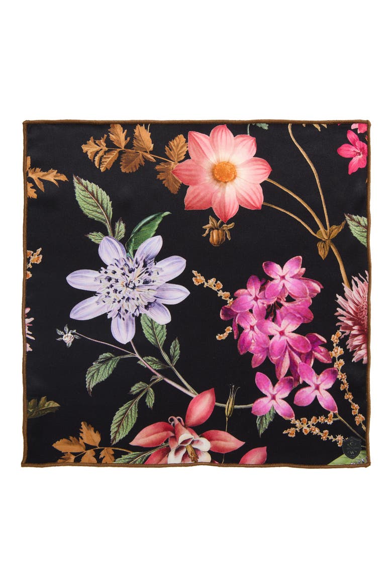Brown & Fucshia Floral Silk Pocket Square, Alternate, color, BROWN