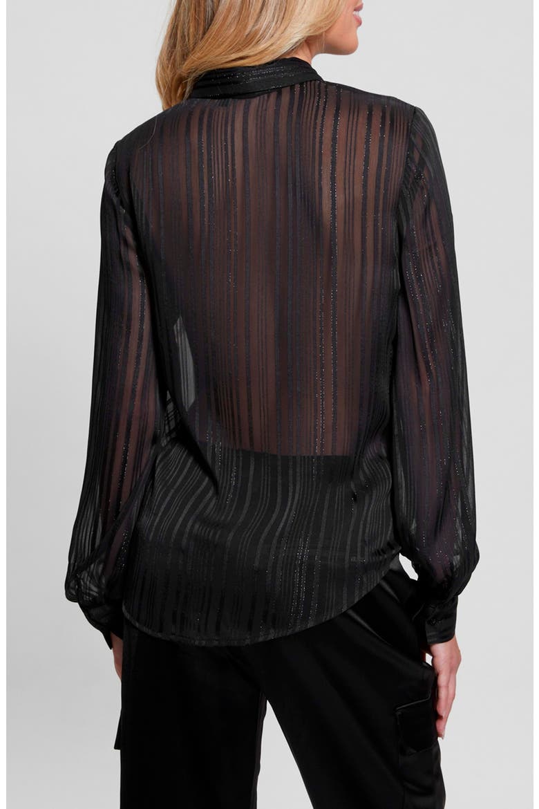 Oriane Tie Neck Metallic Tonal Stripe Satin Button-Up Shirt, Alternate, color, JET BLACK