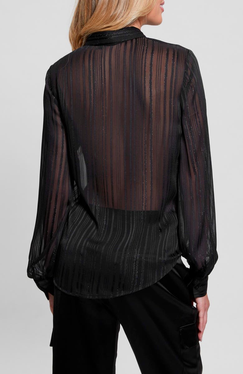 GUESS Oriane Tie Neck Metallic Tonal Stripe Satin Button-Up Shirt, Alternate, color, Jet Black