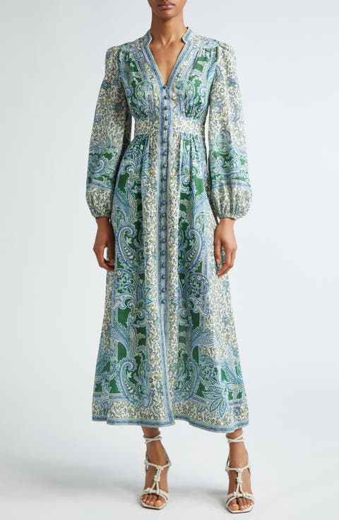 Ottie Paisley Long Sleeve Linen Midi Dress (Regular & Petite)