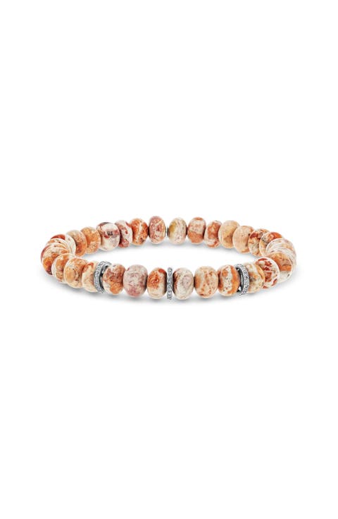 Mexican Fire Opal 8MM Bead Bracelet With 3 Diamond Rondelles