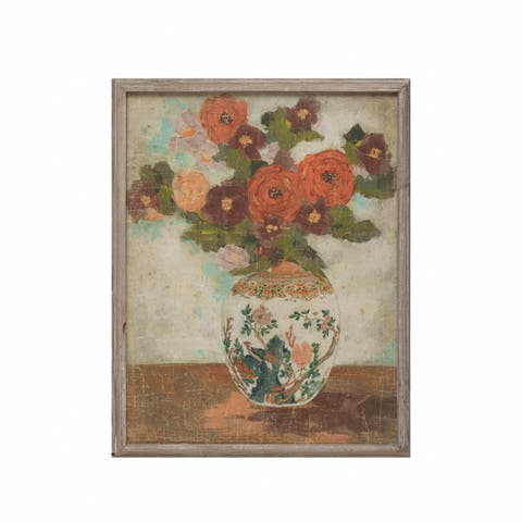 Wood Framed Wall Décor with Flowers in Vase Portrait, Multicolor