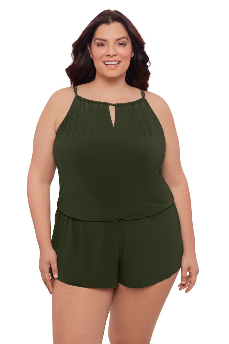 Plus Size Keyhole Blouson Slimming Swimsuit Romper with Pockets, Main, color, Malachite