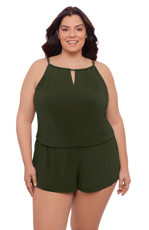 Plus Size Keyhole Blouson Slimming Swimsuit Romper with Pockets