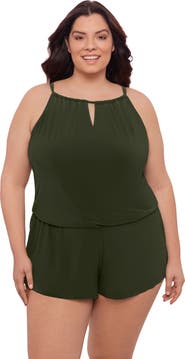 Aqua Green Plus Size Keyhole Blouson Slimming Swimsuit Romper with Pockets