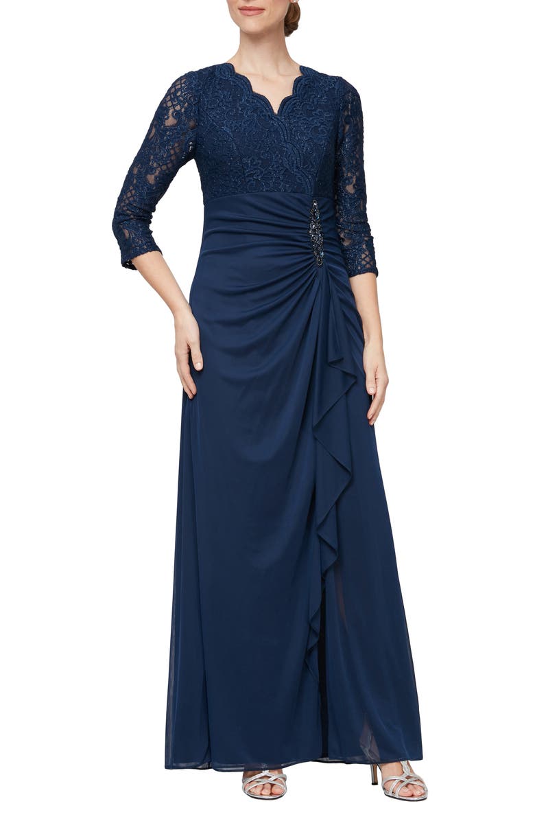 Alex Evenings Sequin Embroidery Empire Waist Gown, Main, color, Navy