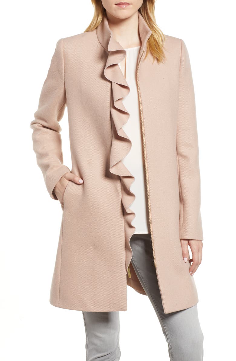 Kensie Ruffle Twill Coat, Main, color, 