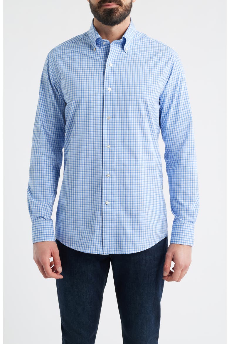 Bienville Tailored Fit Shadow Check Performance Poplin Button-Down Shirt, Main, color, DUSK BLUE