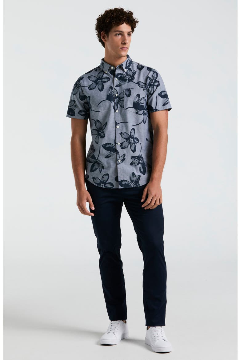 Floral Short Sleeve Cotton & Viscose Stretch Chambray Button-Down Shirt, Alternate, color, DARK SAPPHIRE
