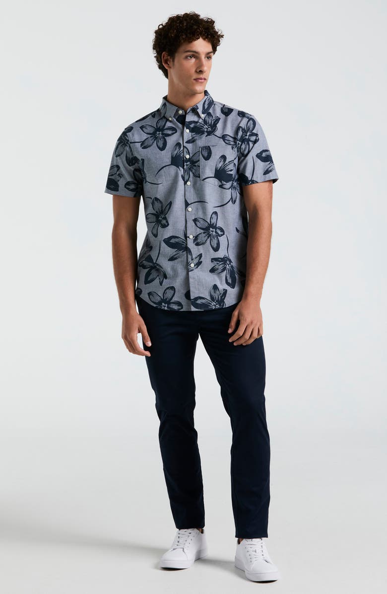Original Penguin Floral Short Sleeve Cotton & Viscose Stretch Chambray Button-Down Shirt, Alternate, color,