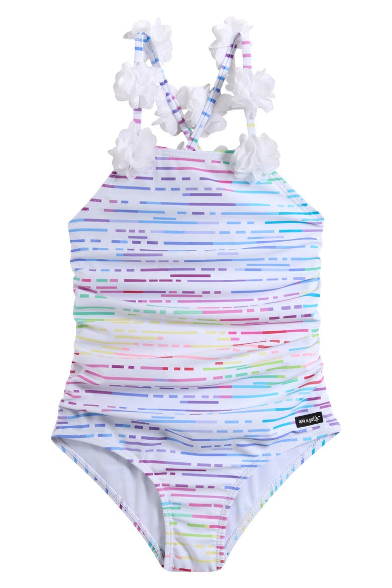 Kids' Flower Trim One-Piece Swimsuit, Main, color, WHITE