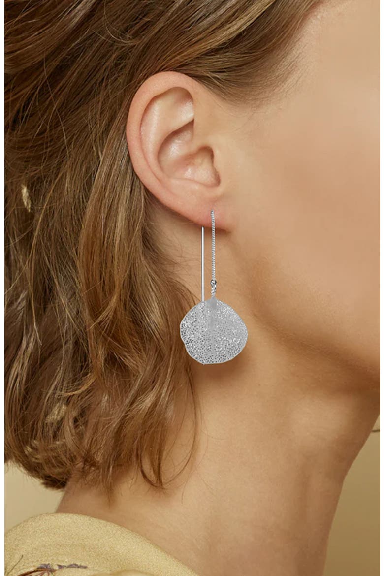 Sienna Textured Leaf Disc Threader Earrings Sculptural Trendy, Alternate, color, Silver