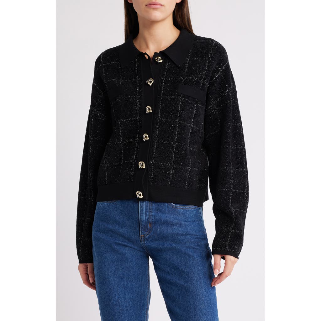 Hugo Boss Cropped Jacket In Sparkle Tweed With Feature Buttons In Black Lurex Plaid