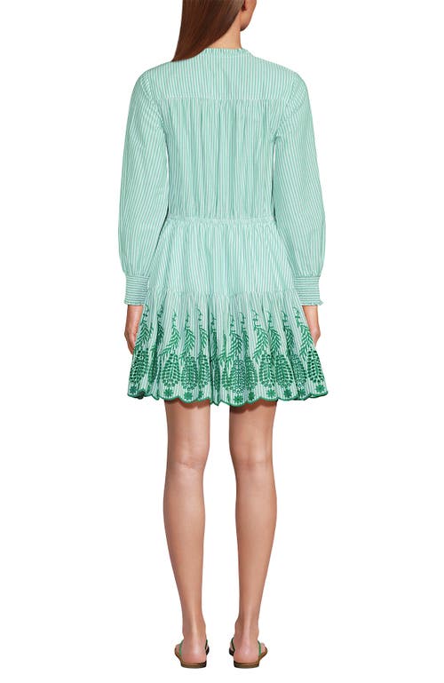 Lands' End Long Sleeve Eyelet Mini Popover Dress In Vibrant Clover Stripe Eyelet