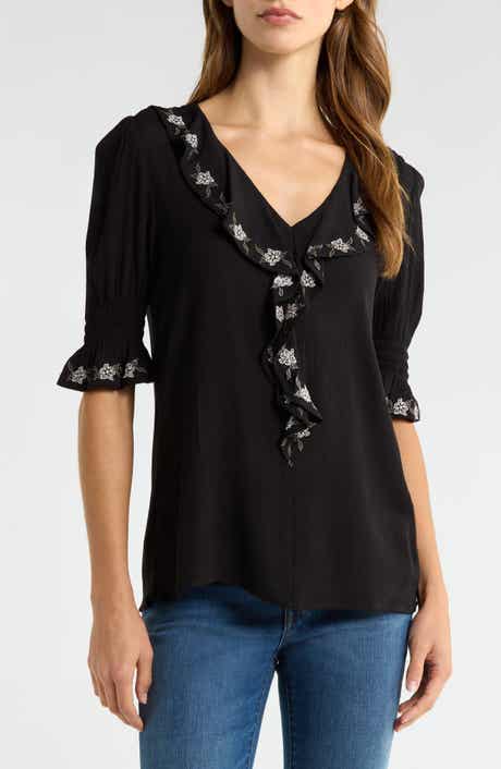 Bobeau Ruffle Embroidered Top