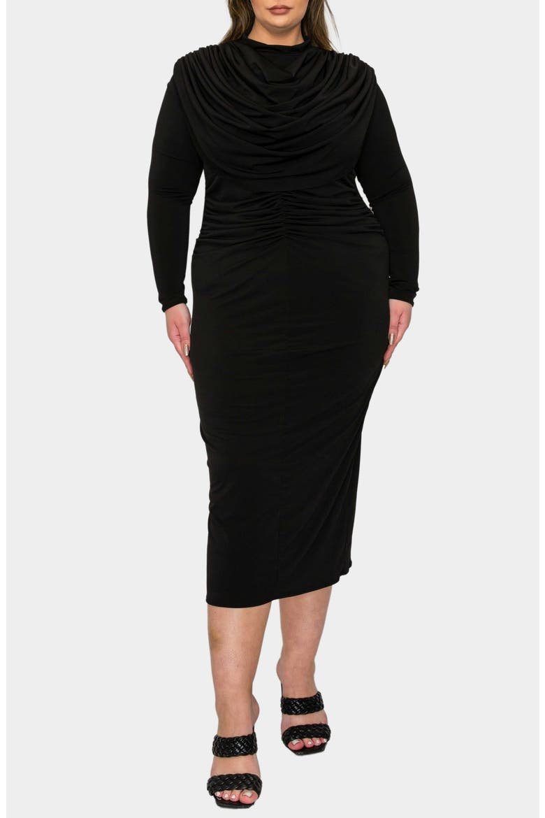Aurora Elegance Long Sleeve Body-Con Midi Dress, Main, color, BLACK