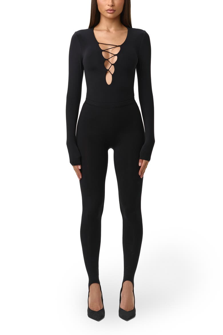 Lace Up Bodysuit, Alternate, color, BLACK