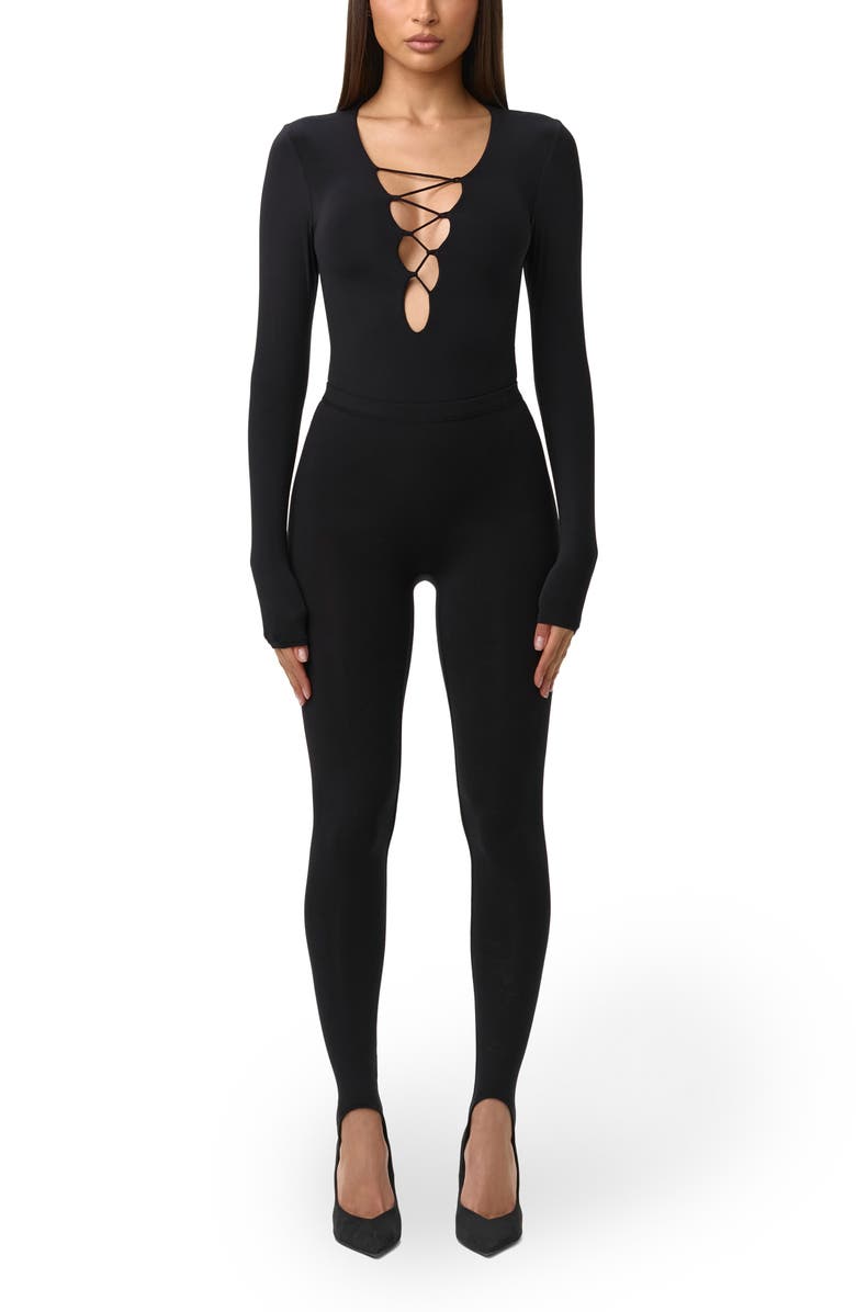 Naked Wardrobe Lace Up Bodysuit, Alternate, color, Black