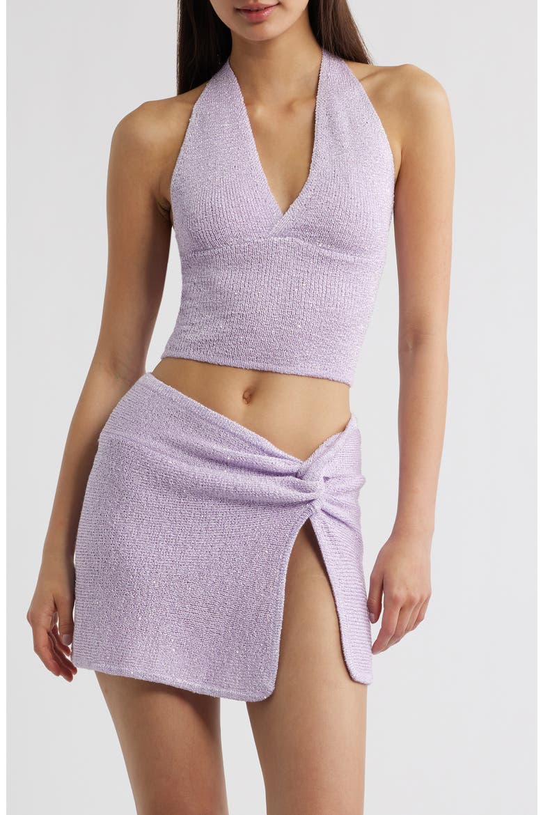 Retro Sequin Knit Tie Halter Neck Crop Top, Main, color, LILAC GLIMMER