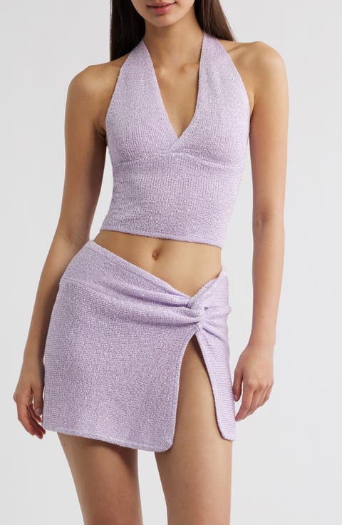 Retro Sequin Knit Tie Halter Neck Crop Top