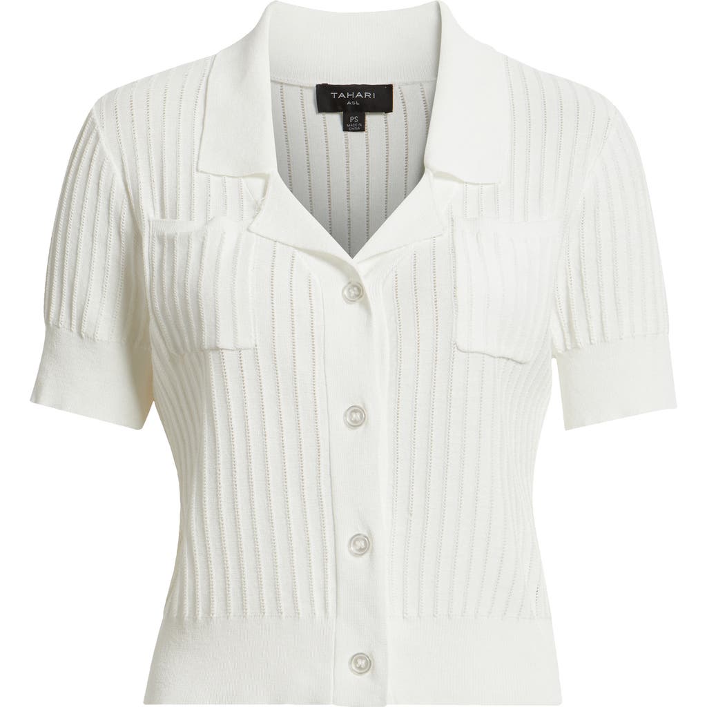 Tahari Asl Pointelle Stitch Short Sleeve Cardigan In White