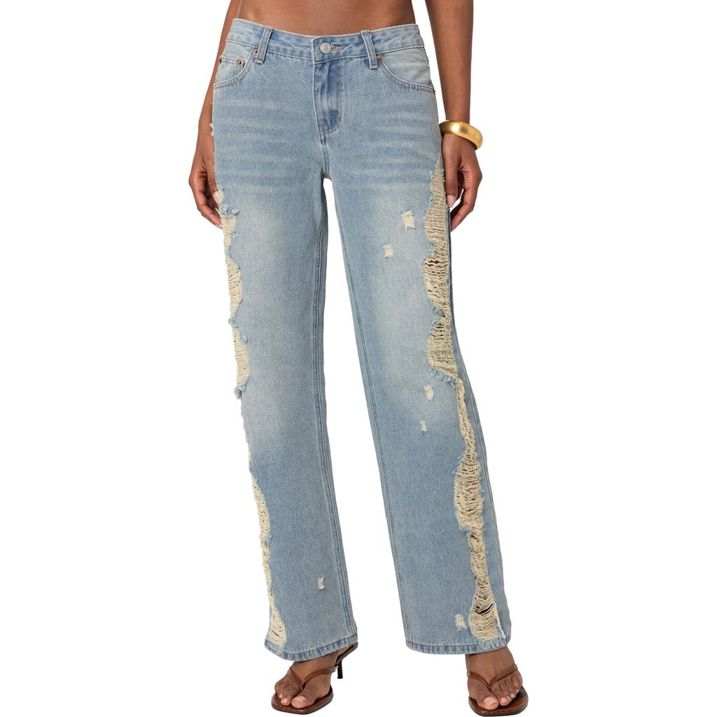Edikted Distressed Side Washed Wide Leg Jeans In Blue