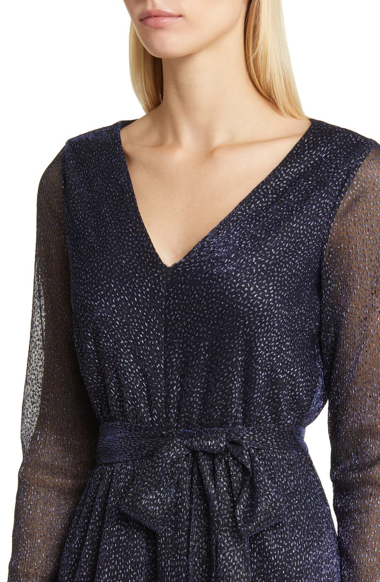 Anne Klein Belted Long Sleeve Metallic Chiffon Gown, Alternate, color, 