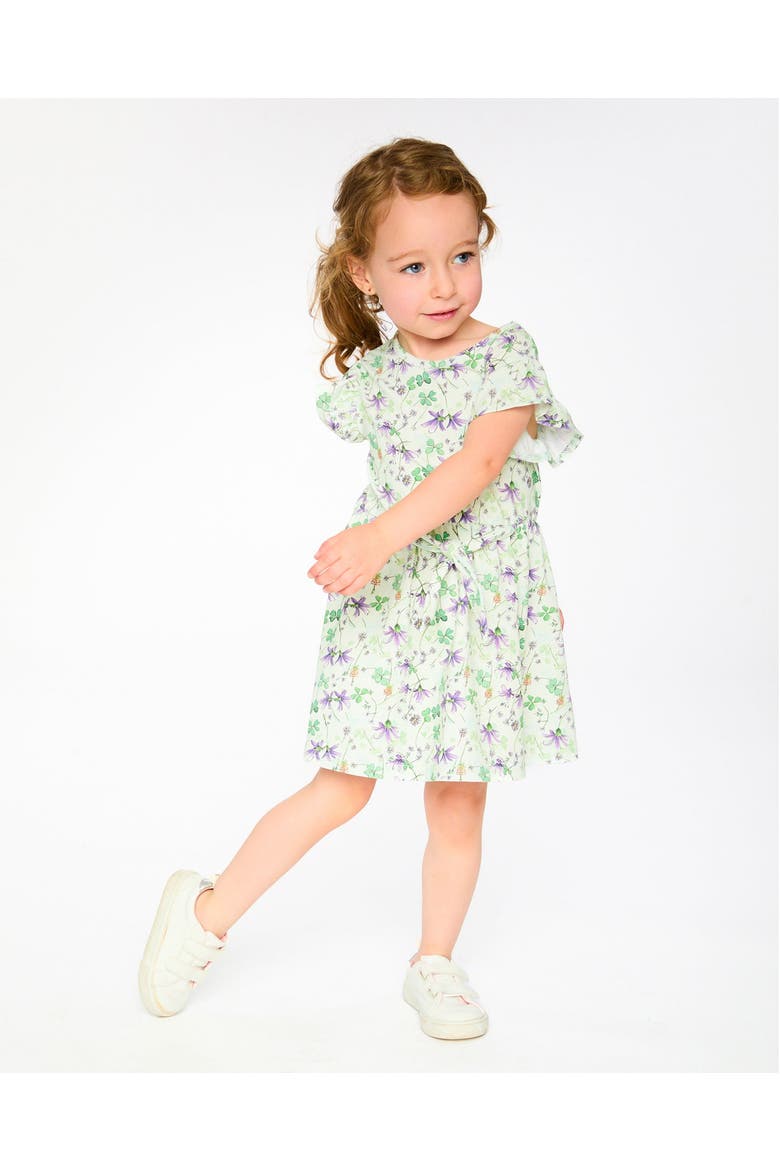 Jersey Flutter Sleeves Printed Flowers Dress, Alternate, color, Green Floral Print