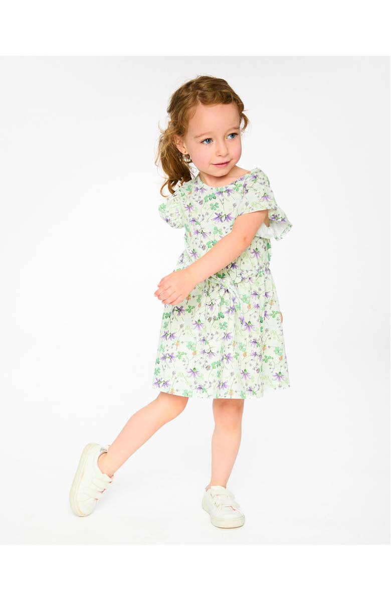 Deux par Deux Jersey Flutter Sleeves Printed Flowers Dress, Alternate, color, Green Floral Print