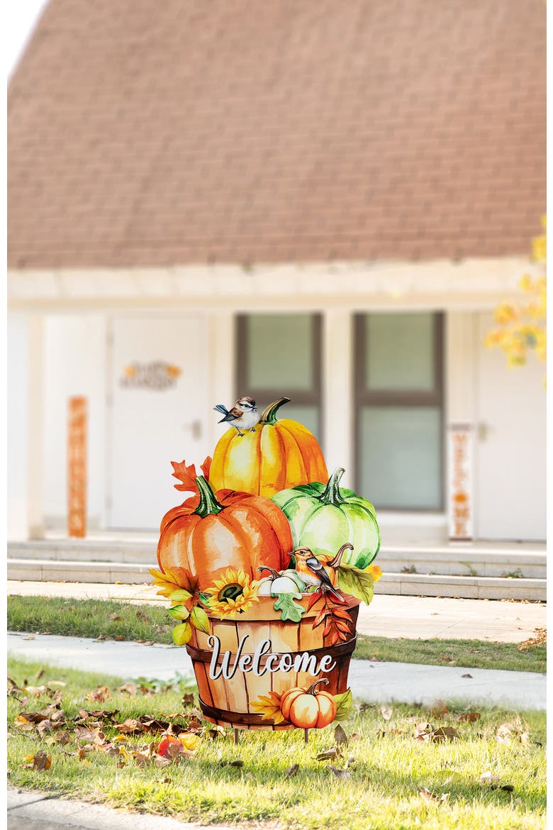 Fall Metal Pumpkins with Barrel Yard Stake, Alternate, color, Orange
