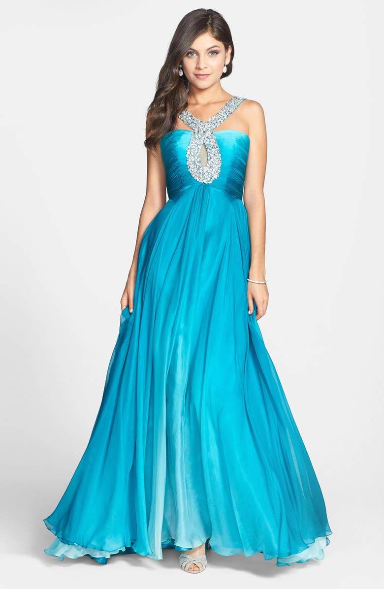 Sherri Hill Beaded Halter Cutout Chiffon Gown, Main, color, 