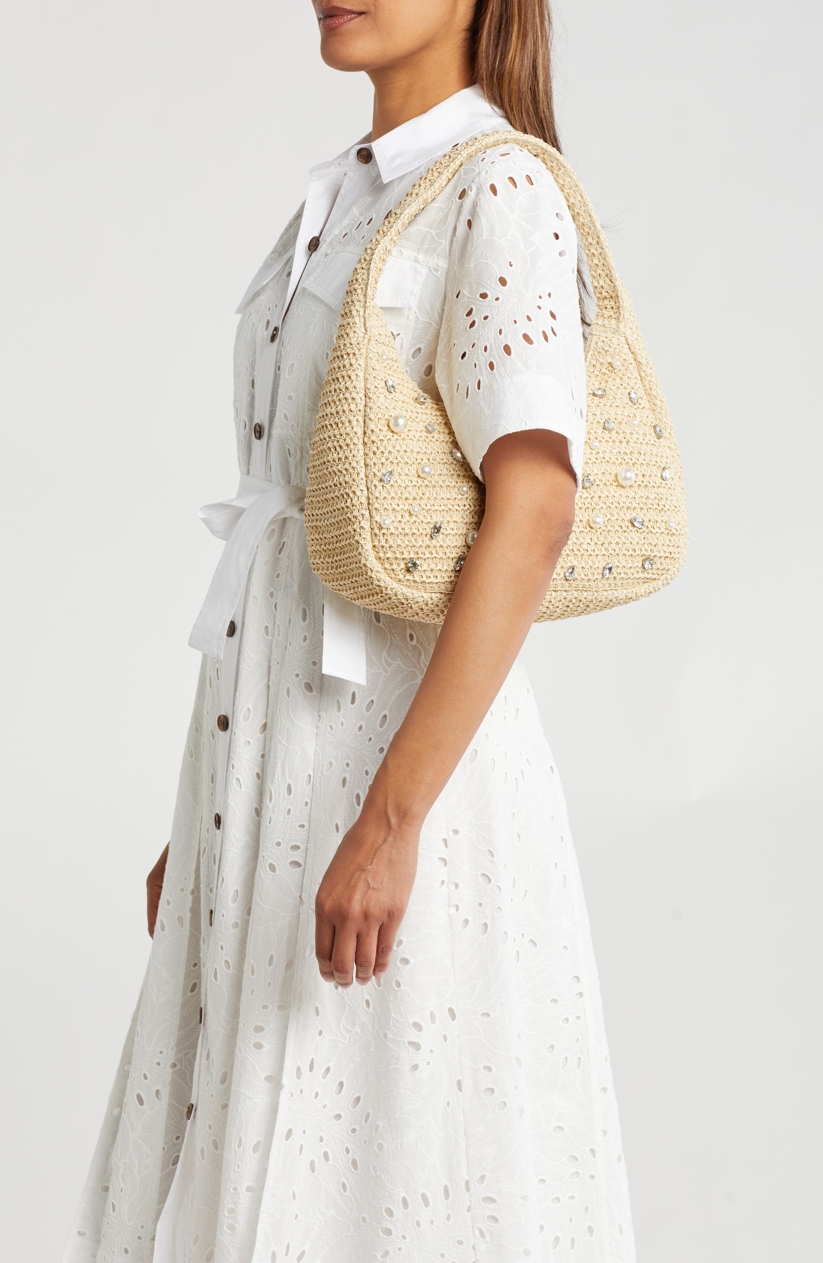 Steve Madden Embellished Woven Shoulder Bag, Alternate, color, Raffia