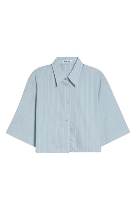Stripe Button-Up Cotton Blend Crop Top
