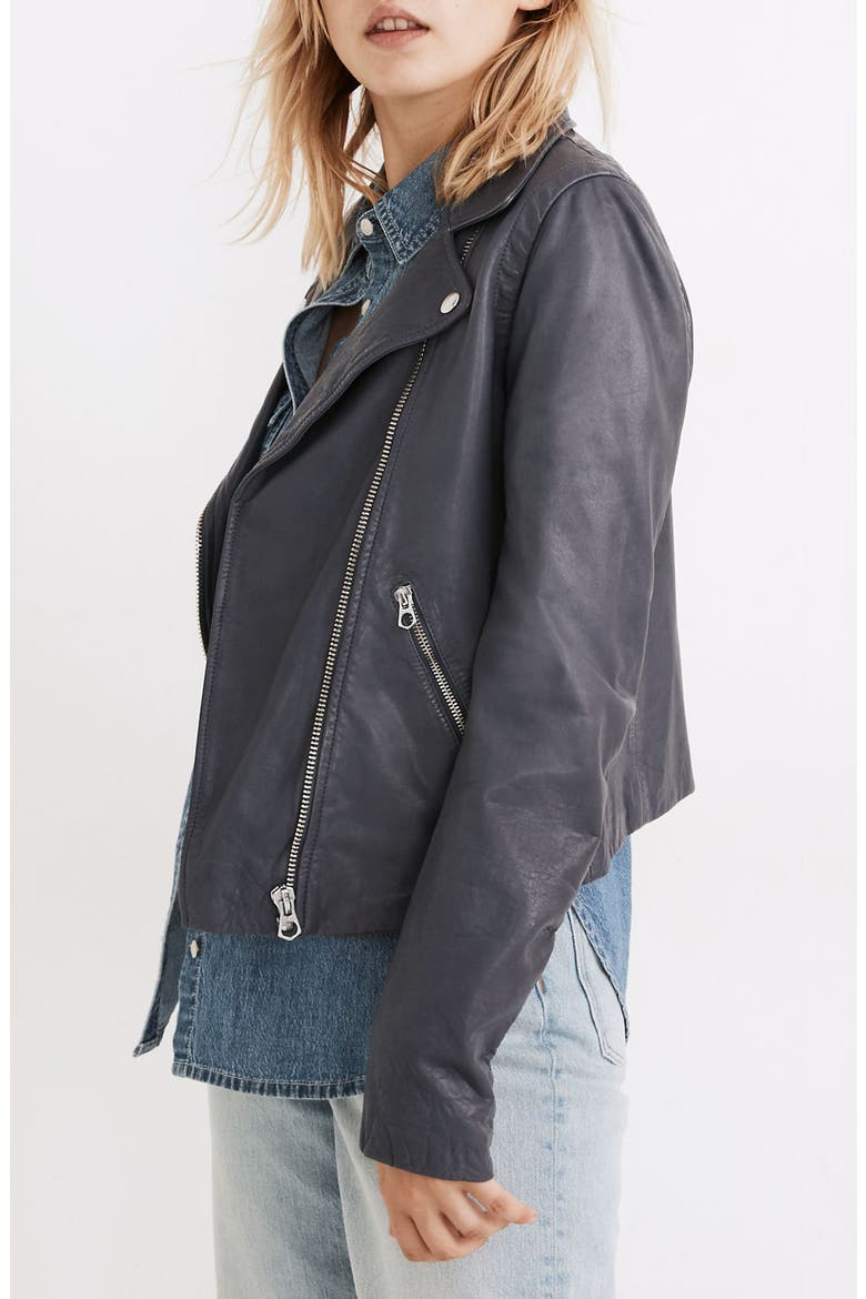 Washed Leather Moto Jacket, Alternate, color, SUNFADED INDIGO