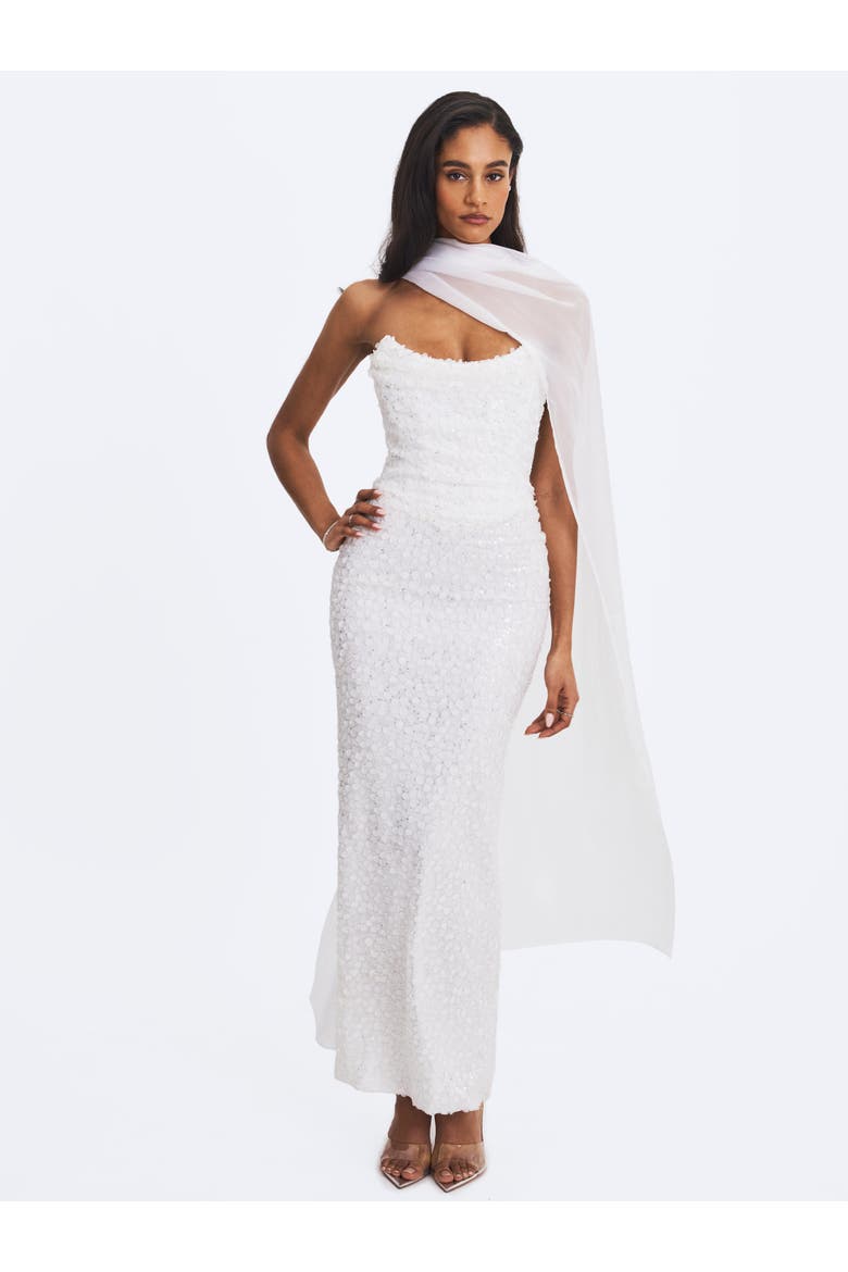 Myra Beaded Mesh Strapless Maxi Dress, Alternate, color, White