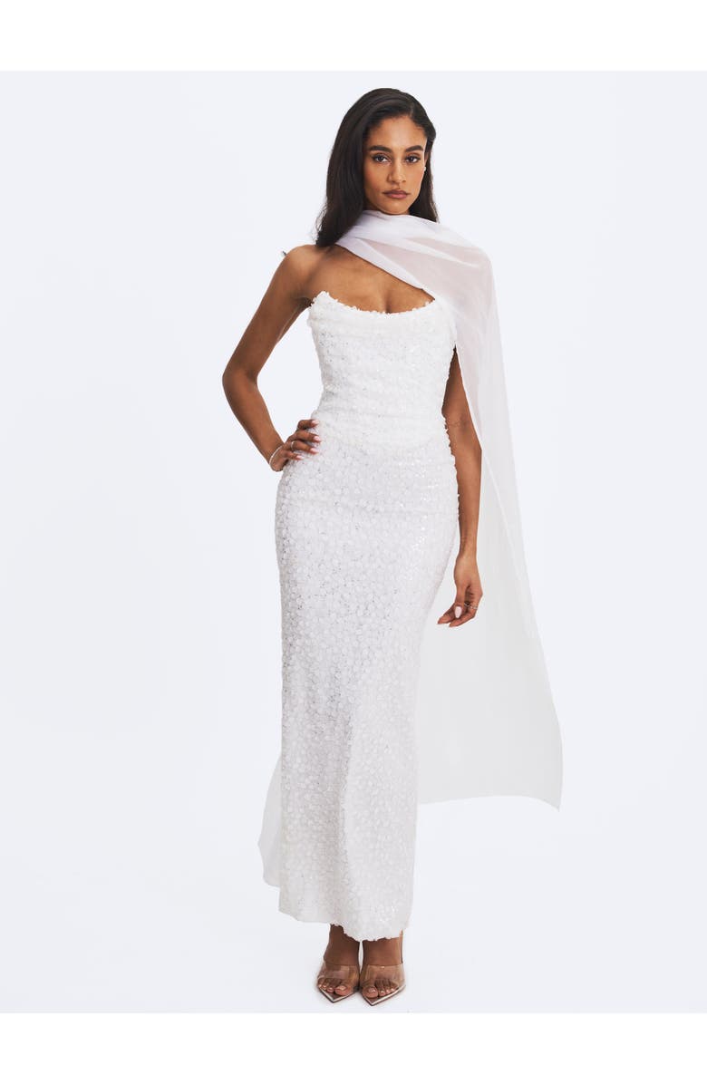 Miss Circle Myra Beaded Mesh Strapless Maxi Dress, Alternate, color, White