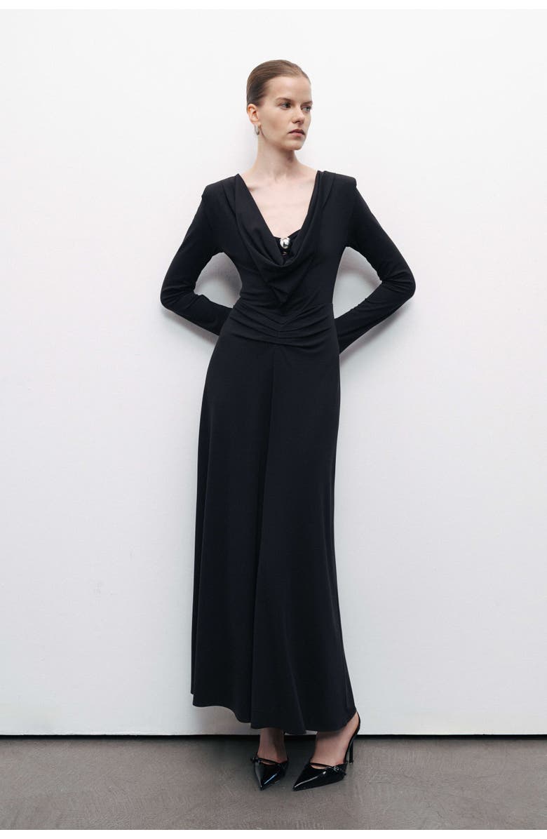 Nocturne Black Draped Maxi Dress with Jewel Detail, Alternate, color, 