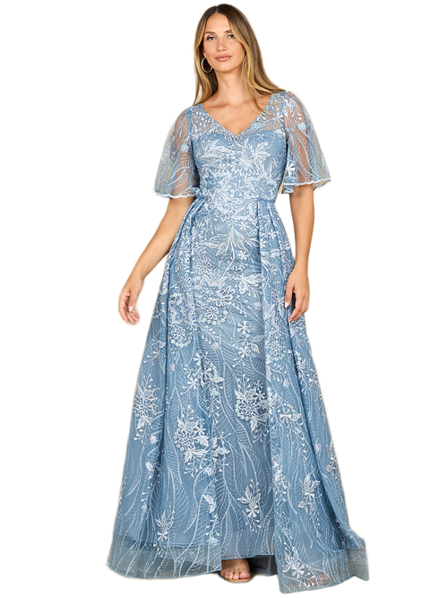 Lara New York Overskirt Lace Fitted V-neck Gown With Cape Sleeves In Blue
