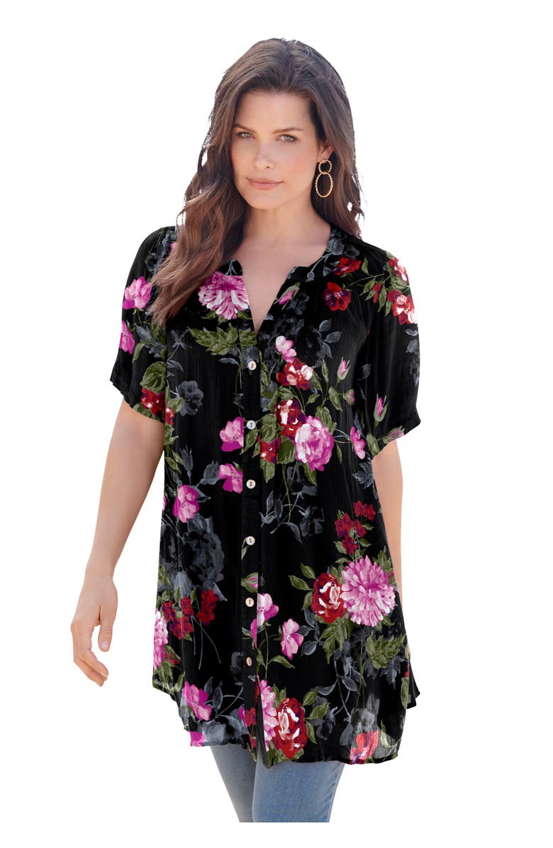 Roaman's Plus Size Angelina Crinkle Crepe Y-Neck Short Sleeve Tunic, Main, color, Black Painted Floral