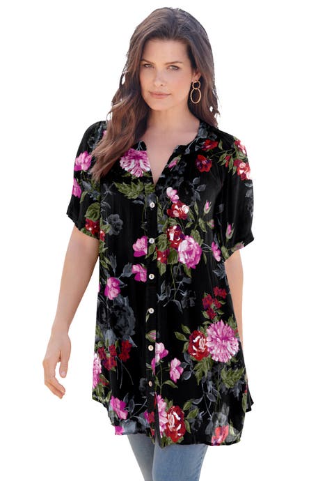 Plus Size Angelina Crinkle Crepe Y-Neck Short Sleeve Tunic (Plus)