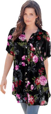 Roaman's Plus Size Angelina Crinkle Crepe Y-Neck Short Sleeve Tunic