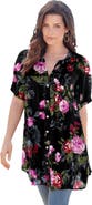 Roaman's Plus Size Angelina Crinkle Crepe Y-Neck Short Sleeve Tunic