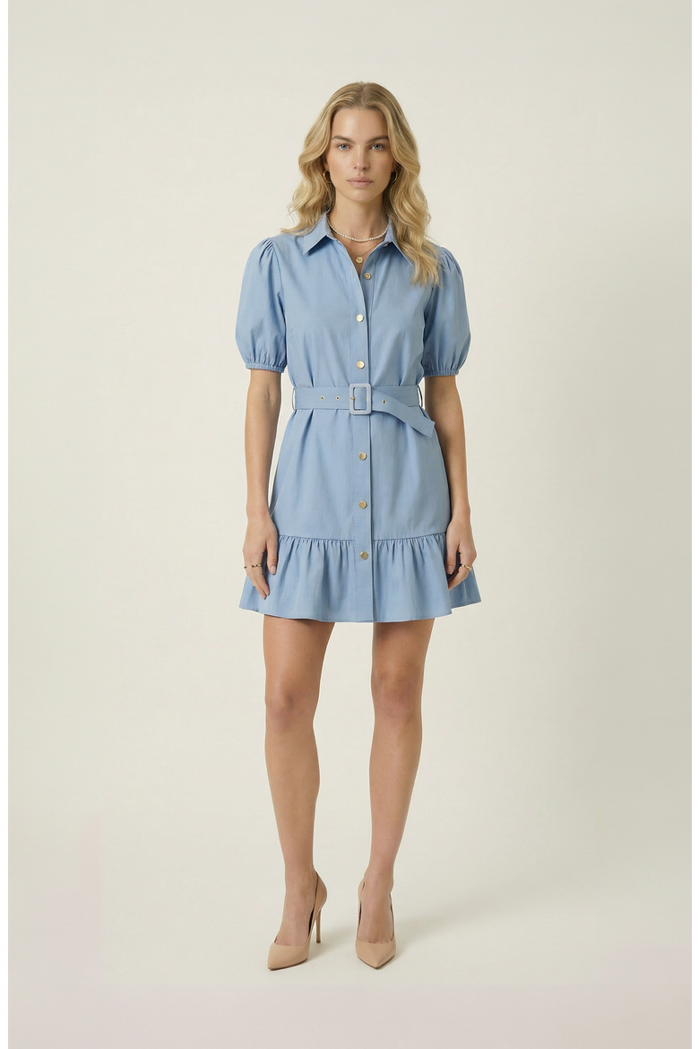 Belted Button Up Mini Dress, Main, color, Light Blue
