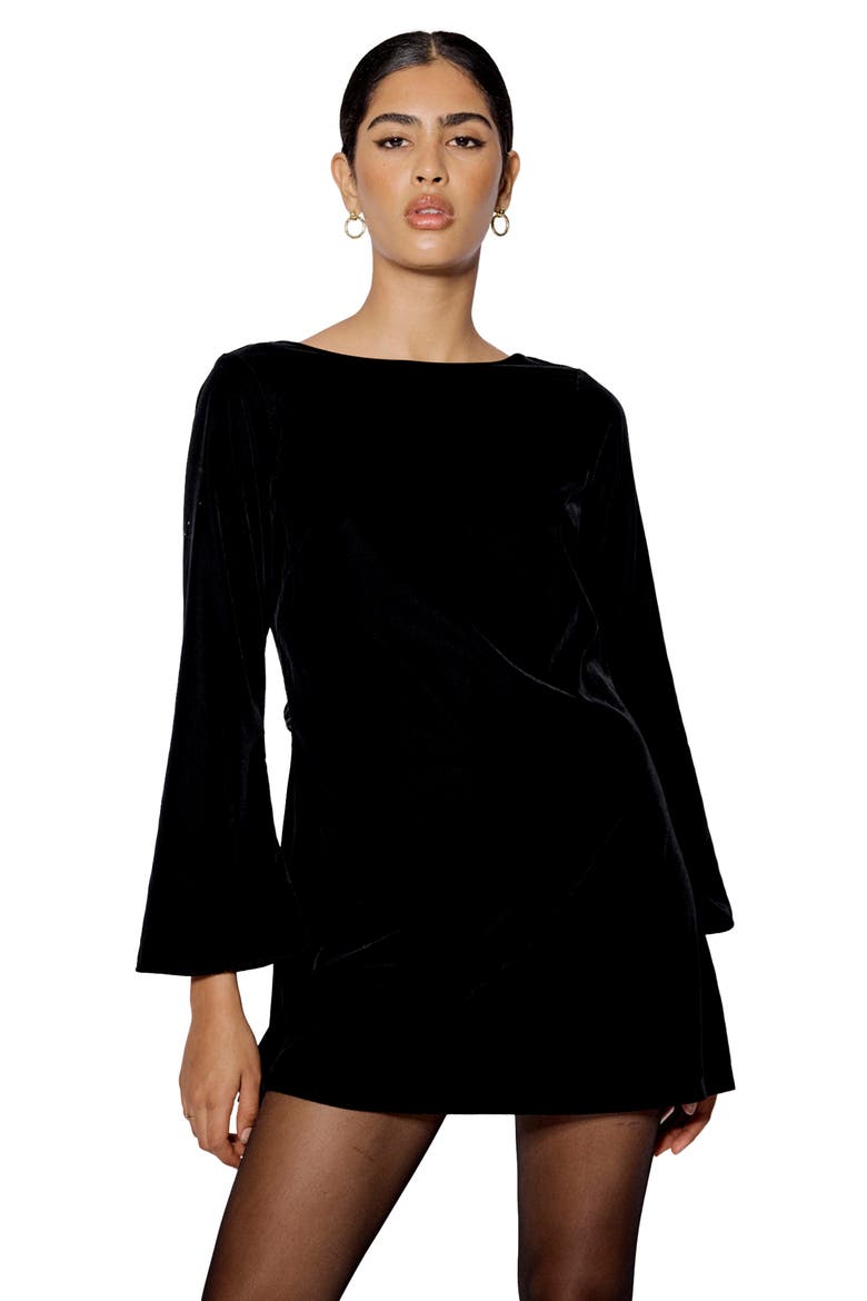 Joelle Bow Back Long Sleeve Velvet Minidress, Alternate, color, BLACK