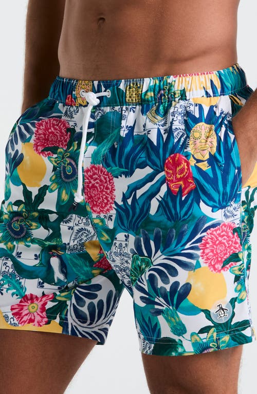 Original Penguin 7 Volley Floral Print Swim Shorts In Blue