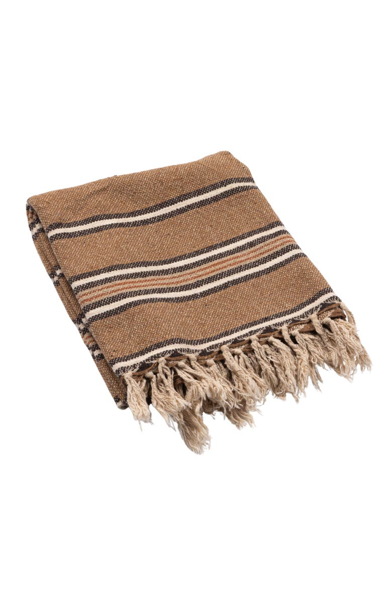Storied Home Cotton Blend Throw with Stripes and Fringe, Rust Color, Natural and Black, Main, color, Natural